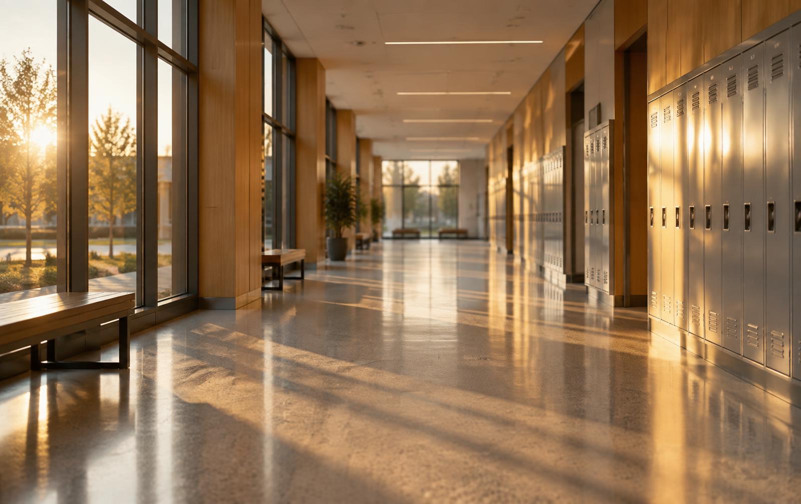 A quiet, empty school hallway in warm natural light, with late-afternoon sunlight pooling along the floor